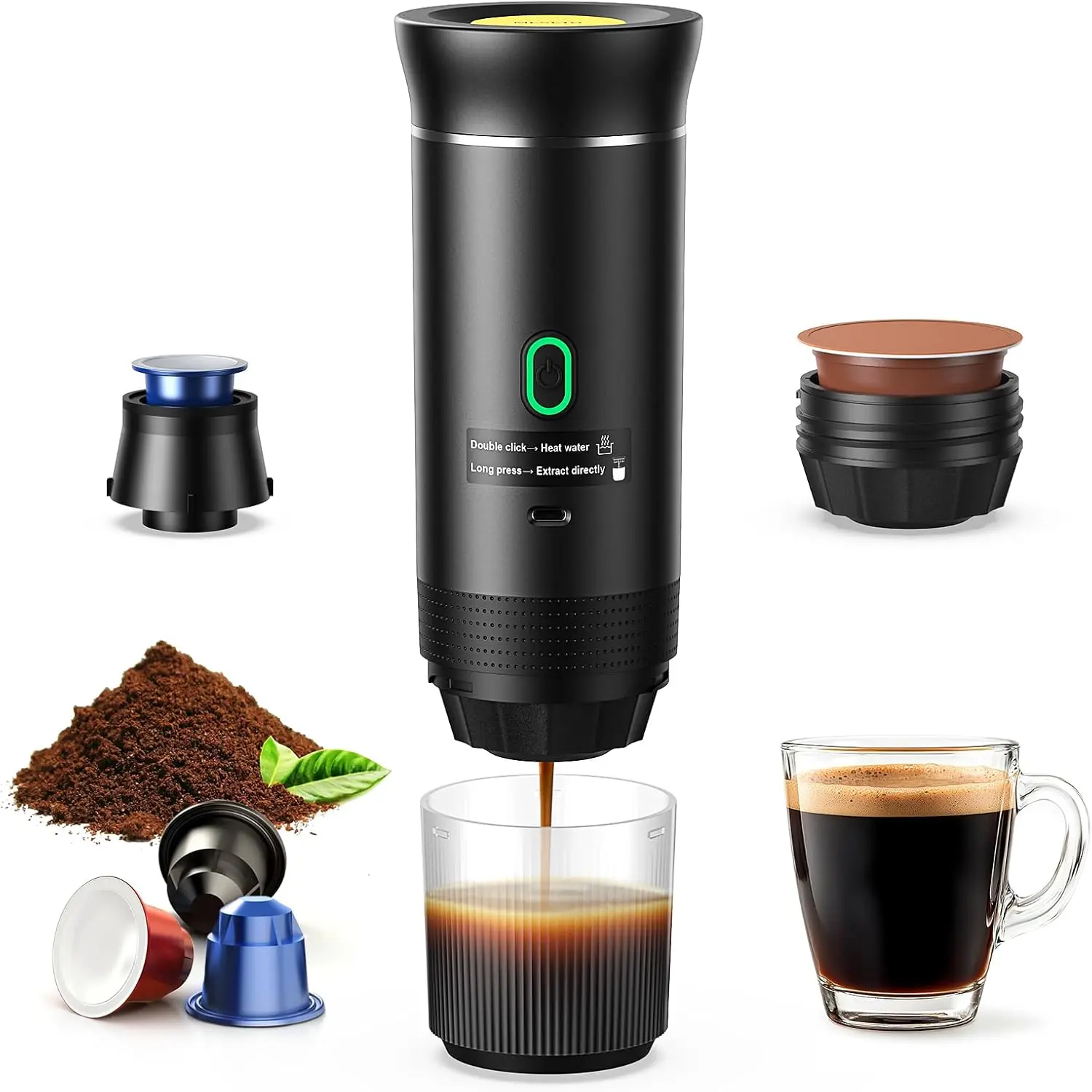 3-in-1 Portable Espresso Maker, Mini Coffee Maker for Travel, Self-Heating Car Coffee Maker with USB-C, Small Espresso Machine with Ground Coffee &Capsules for RV, Hiking, Office Stock Up Value Pack TikTokShopBlackFriday Christmas Gift