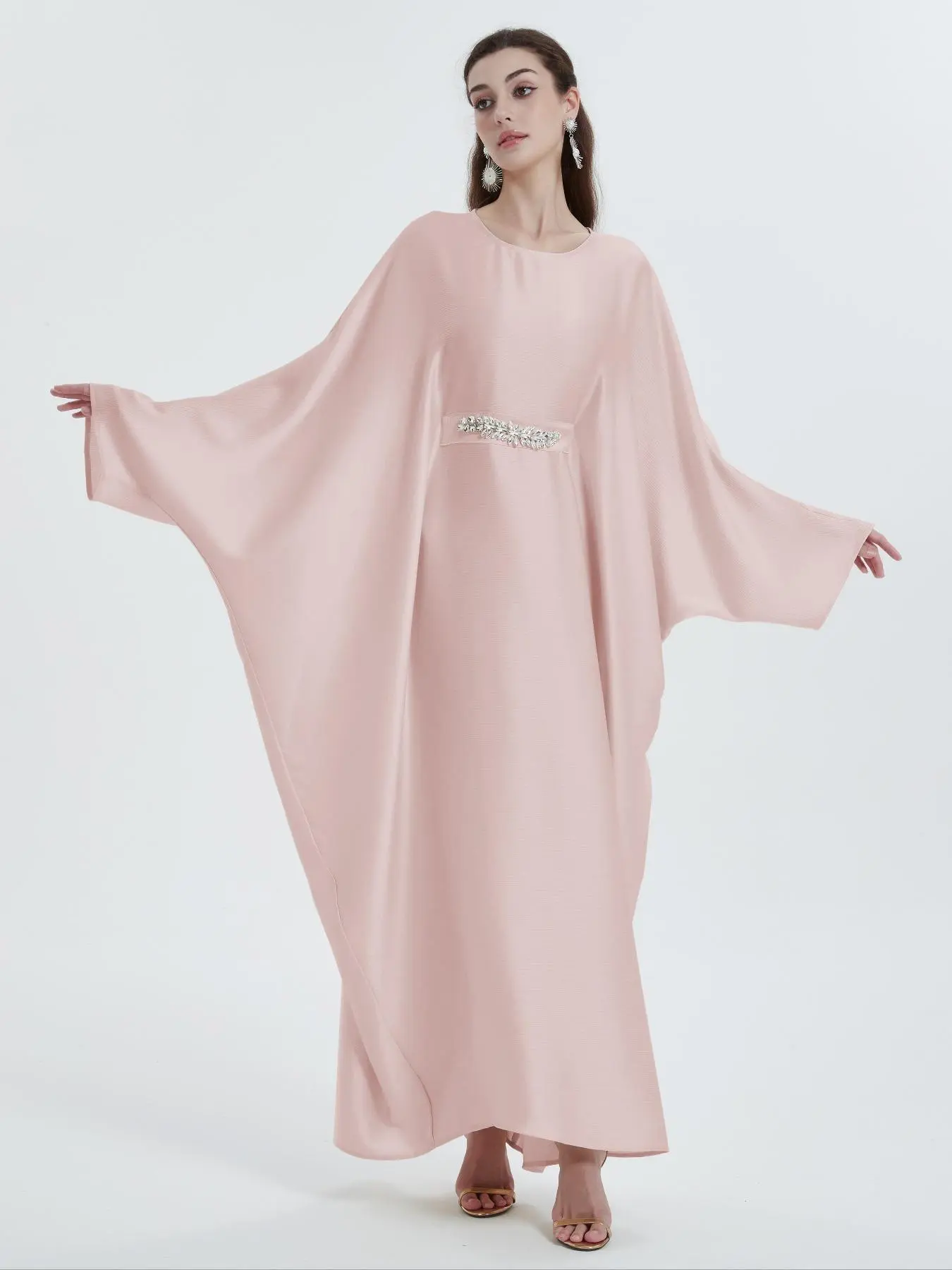 Women's Plain Rhinestone Decor Batwing Sleeve Muslim Kaftan Dress, Elegant Keyhole Neckline Long Sleeve Caftan Dress for Party Wedding Guest, Ladies Clothes for All Seasons, Elegant Islamic Clothing