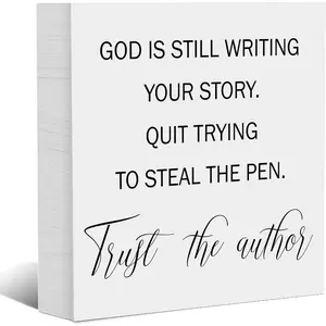 God is Still Writing Your Story - Christian Desk Decor Wooden Box Sign for Home Office Shelf Table, Positive Quote Inspirational Gifts for Family Women Friends, 5x5 Inch