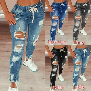SpringandSummer2025NewWomen'sDenimElasticWaistWomen'sJeansHighWaistRippedAnkle-TiedLace-upTrousersWomenswearBottomPantsComfortStreetwearSkinnySlimgirthmastergreysweatsBlackBlue