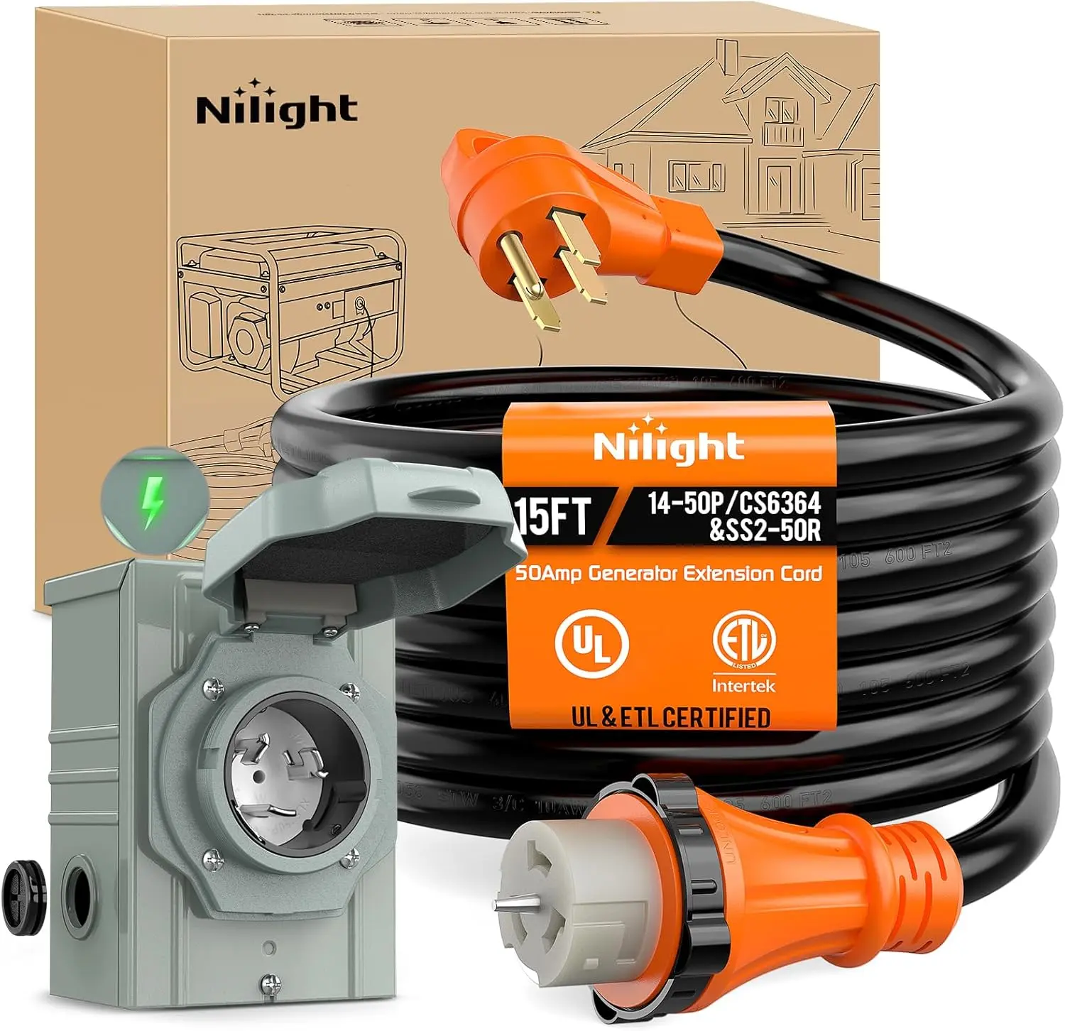 Nilight Heavy-Duty Generator Extension Cord & Power Inlet Box, 50A 15FT 125/250V 6/3+8/1 Gauge STW ETL Listed, NEMA 14-50P/SS2-50R Twist Lock Connector, Pure Copper Weatherproof for RV Outdoor Use, 1 X 8 Gauge Wire, 12500 Watts