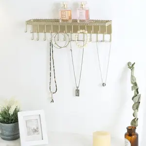 Gold-Tone Metal Jewelry Rack with Display Shelf