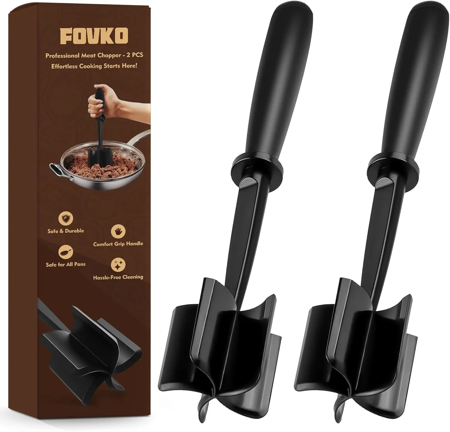 Ground Beef Chopper Tool, 2-Pack Heat-Resistant Meat Chopper for Ground Beef with 5 Curved Blades, Non-Scratch Meat Masher Ground Beef for Hamburger & Potatoes (Black)