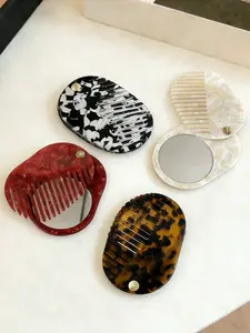 Portable Acetate Oval Mirror Comb, Anti-Static Wide Tooth Detangling Hair Brush, Sliding Cover, Suitable for Daily Use and Outdoor Carry