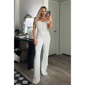 Women's Off-Shoulder Sequin Jumpsuit, Champagne Color