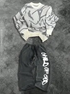 Street Casual Set Unisex Knit Sweater Long Sleeve Top & Printed Pants Two-Piece, Fall Winter Loose Fit Fashion