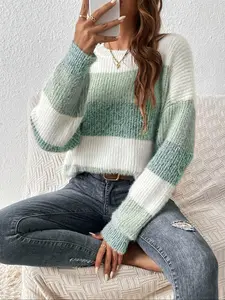 Elegant Loose-Fit Knitted Pullover Sweater, Round Neck Long Sleeve Drop Shoulder Top, Casual Fashion for Spring Autumn Winter, Knitwear
