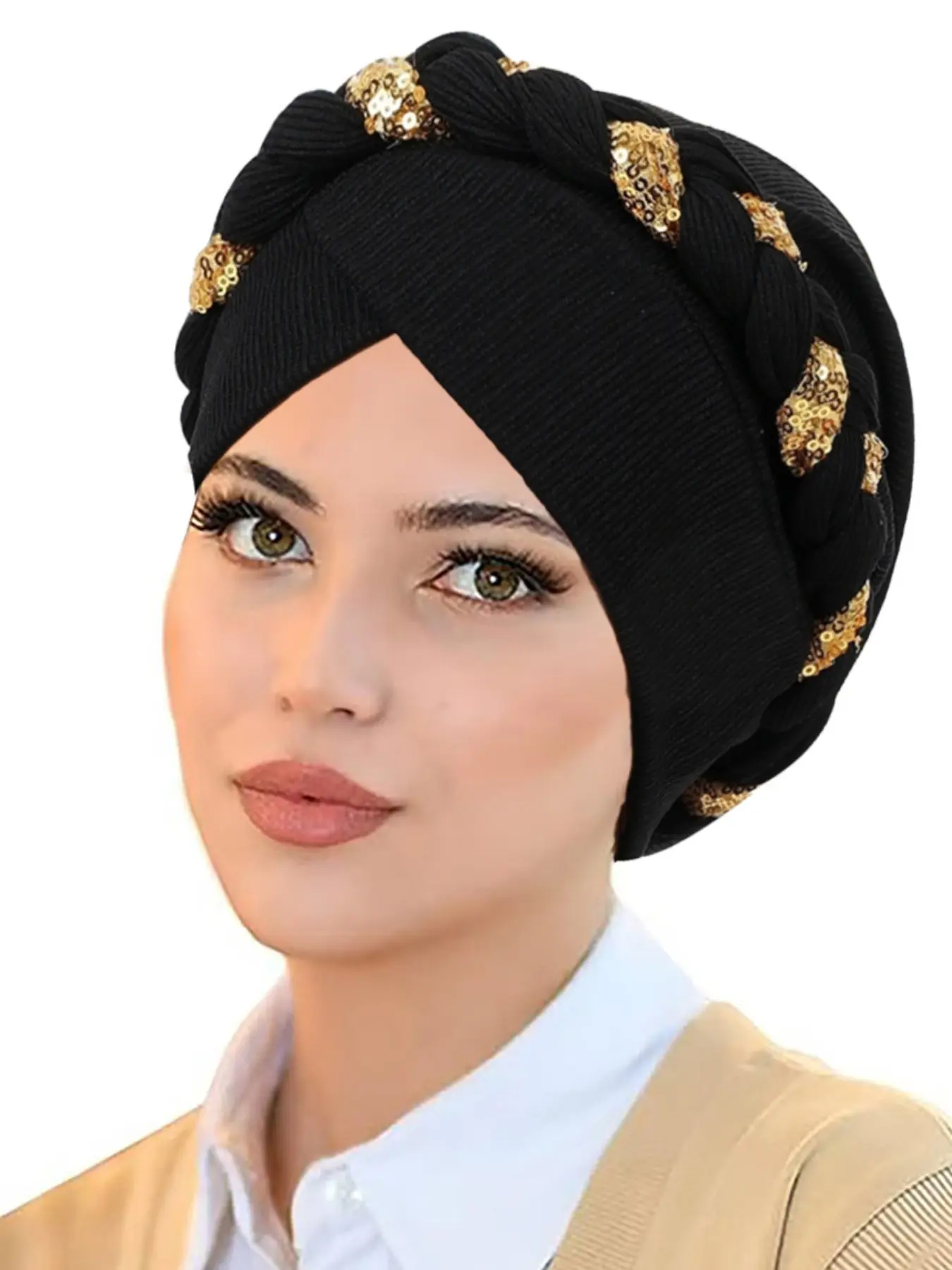 Women's Casual Plain Color Sequined Knotted Turban Wrap Headscarf Hat, Crossed Edge Design, Comfortable Daily Wear Accessory, Fashion Hair Scarves, Head Wraps, Head Scarf Turbans