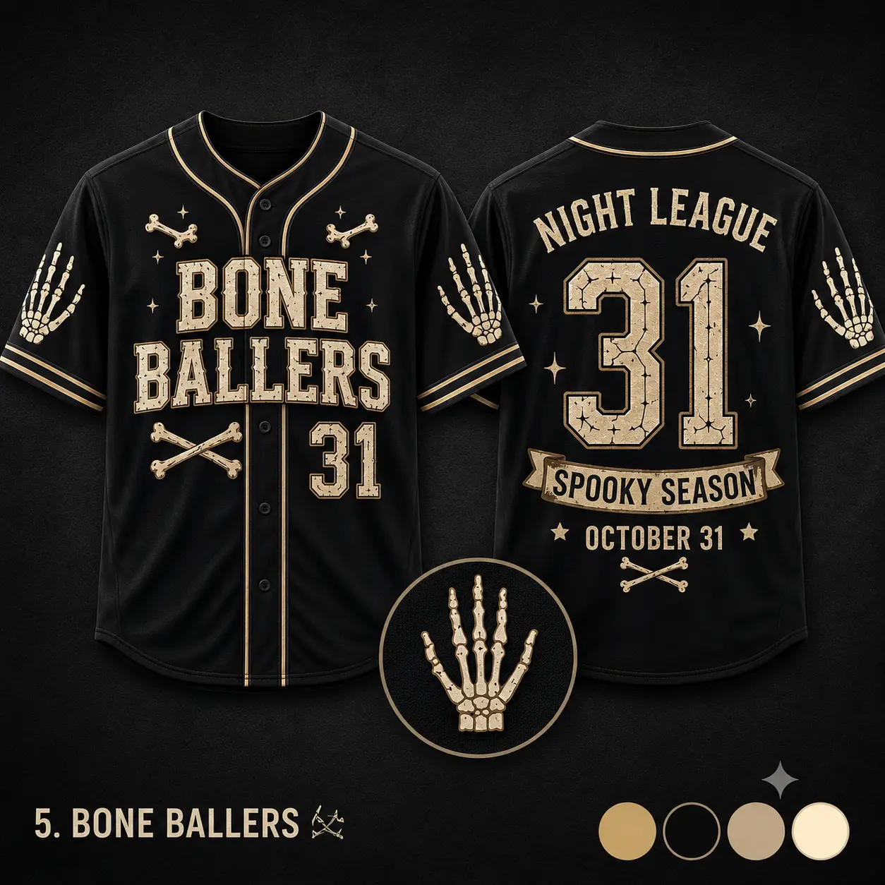 Bone Ballers 31 Full-Button Baseball Jersey, Skeleton Hand Halloween Shirt, Spooky Season Night League October 31 Game Day Outfit