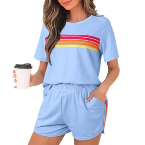 Mntaor Women's Comfy Striped Accent Tee and High Waist Shorts Pants Casual Pajama Cute Tops