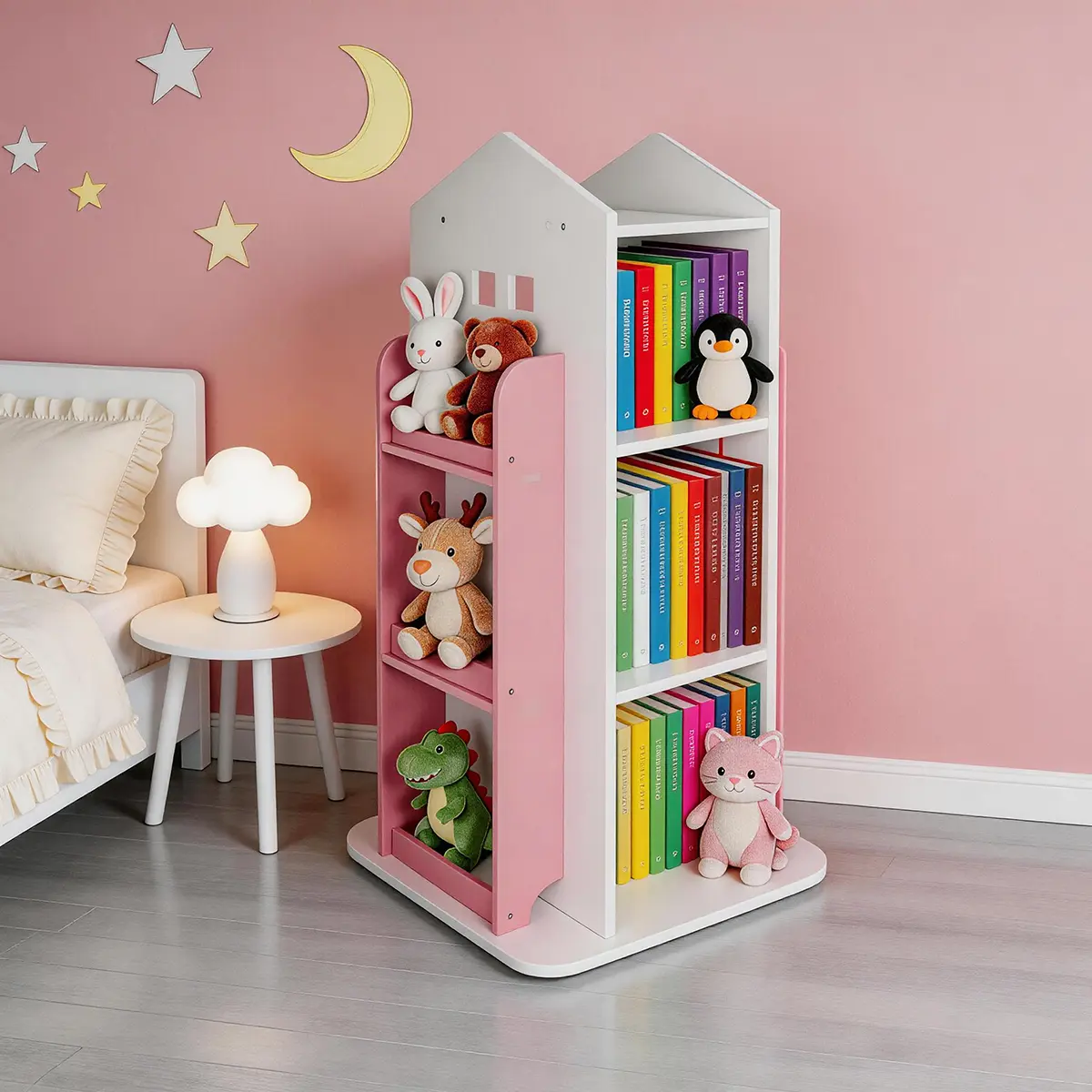 White 360-Degree Rotating 4-Tier Floor Standing Rotating Bookshelf Tower, Small Corner Room Storage Rack, Kids Book Organizer for Bedroom, Living Room Small Spaces