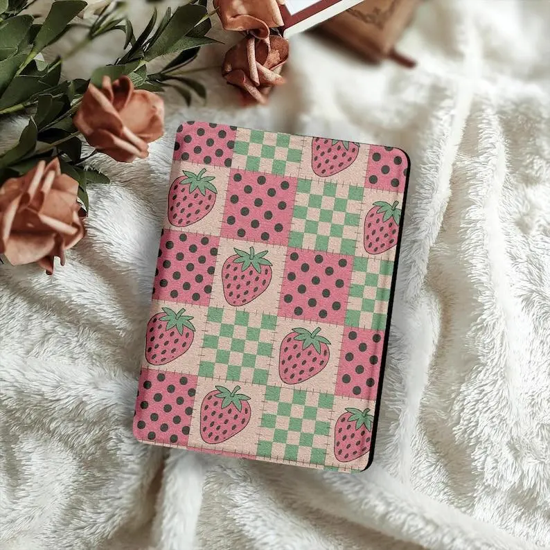 Strawberry Checkered Kindle Case With Hand Strap, Cover for Paperwhite 12th 7”, Kindle 2024, Fire 7, Kobo Clara BW Gift