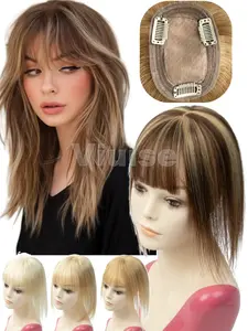 8x12cm Women'S 3D Human Hair Topper with Bangs,Natural Clip-In Hairline Extension, No Glue Needed, Glueless, Easy Application & Removal,Suitable For Thinning Hair, Bald Spots, Seamless Blend, Secure Clip Attachment,Blonde Hair Toppers
