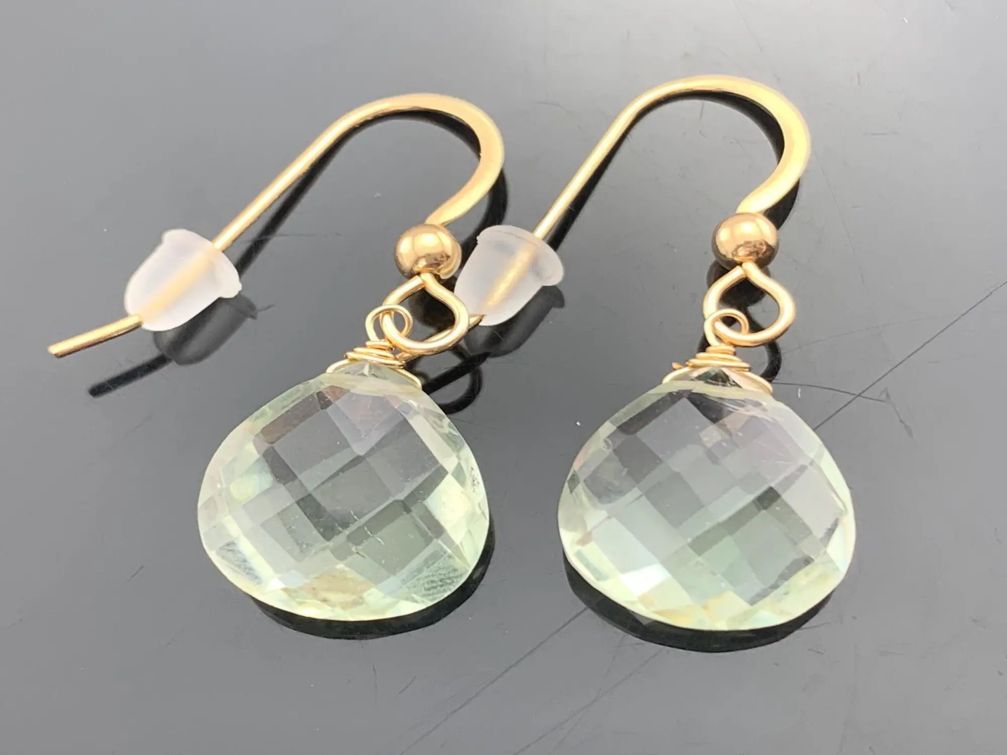 14K Solid Yellow Gold Faceted Green Amethyst Drop Earrings · Dainty Gemstone Jewelry · Elegant Gift for Her