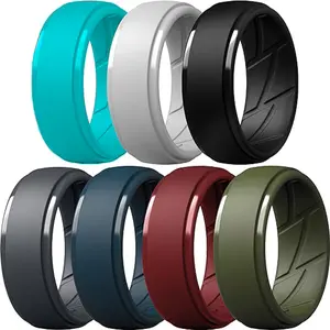 7Pack Men's Silicone Wedding Rings Step Edge & Inner Texture - Comfort Fit Engagement Band Set For Him
