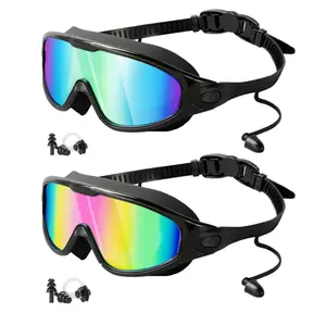 Swimming Goggles, 2 Counts Anti-fog & Anti-UV Swimming Goggles with Earplugs, Clear Vision Pool Goggles, Water Goggles, Swimming Accessories for Adults & Teens, Swim Glasses
