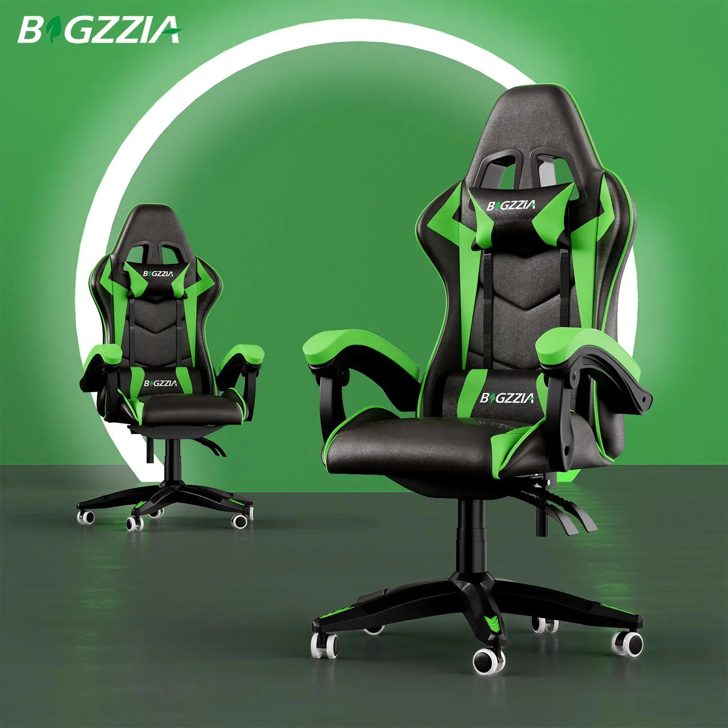 Bigzzia Gaming Chair, Ergonomic Computer Gaming Chair with Headrest and Lumbar Support, Adjustable Height, Tilt, Racing Style and 360° Swivel Seat