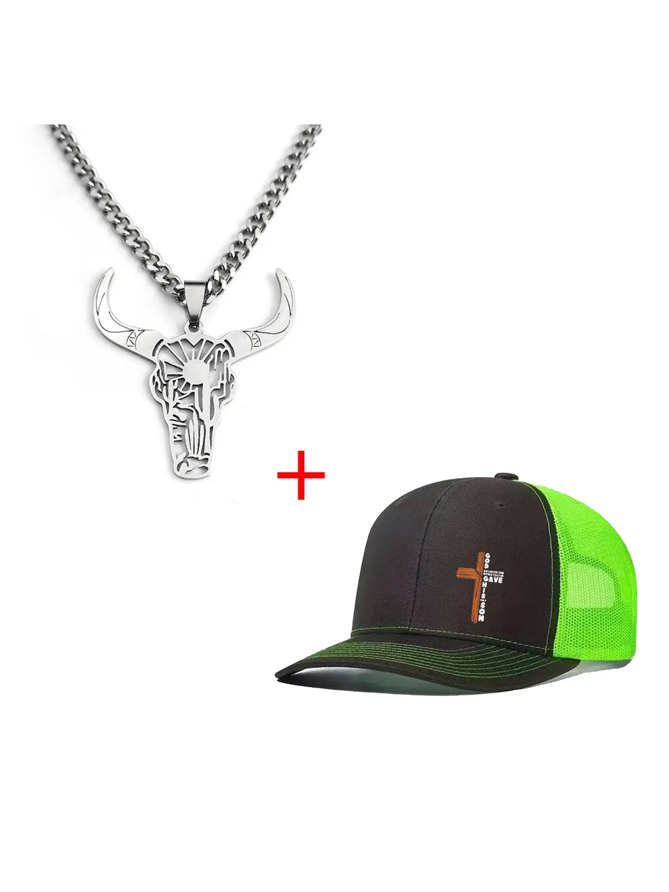 Unisex Baseball Cap Mesh Hat & Bull Head Necklace Set, Cross Printed Mesh Design, Adjustable Fit, Casual All-Season Wear, Men/women, Casual Outfits Cap