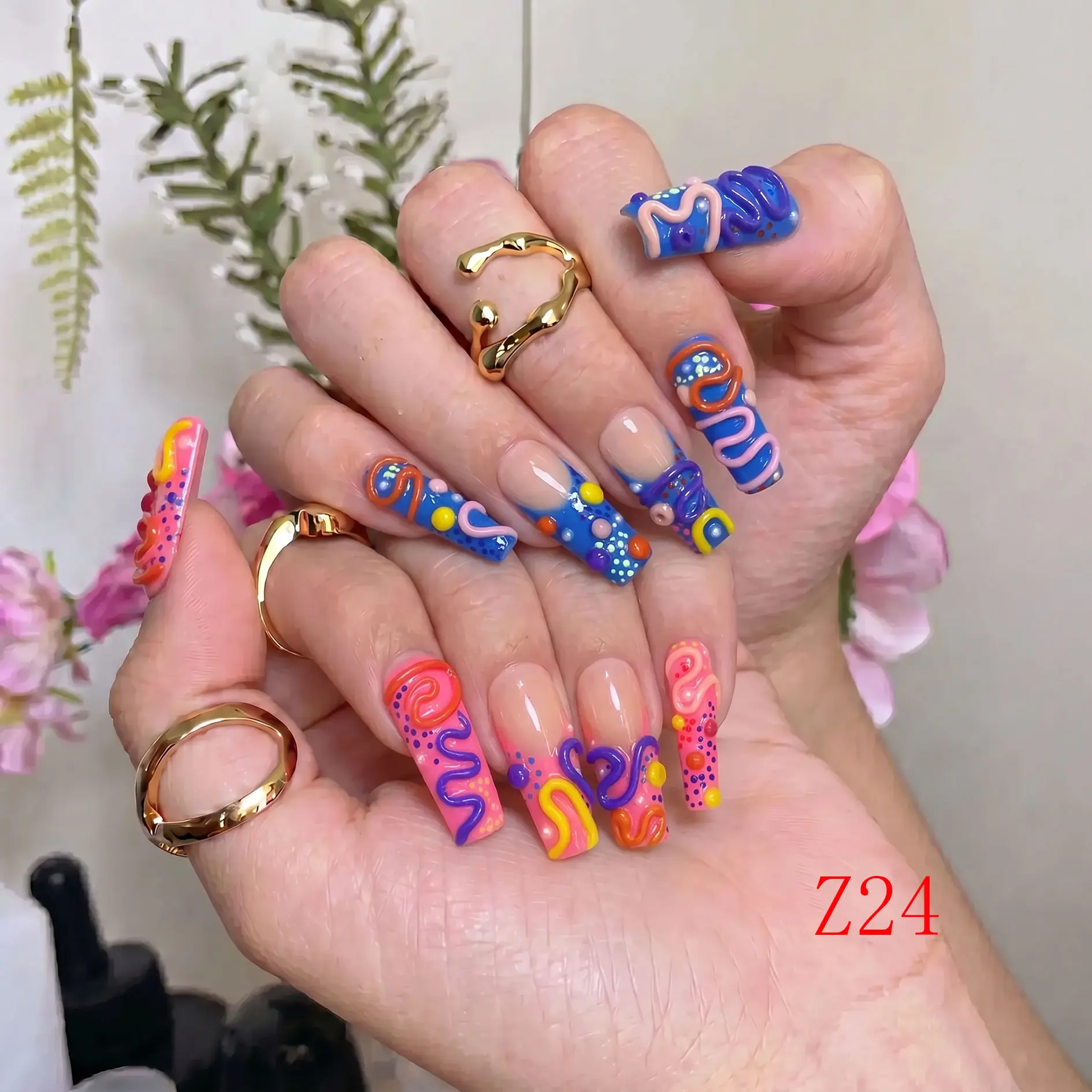 NailBeeBee Z24 Press On Nails, 10 Pcs Handmade Acrylic Nails, Reusable Medium Square with Pink & Blue Gradient and 3D Wavy Swirls for DIY Salon Manicure & Parties, M, Beauty Products, 1.3 Inches, Multi Pack, Handmade Press On Nails