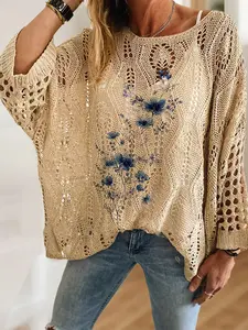 Women's Blue Floral Print Knit Top, Casual Elegant Vacation Style, Comfortable Breathable Loose Fit, Batwing Shoulder Long Sleeve Design, Spring Summer Fall Fashion