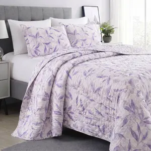 MISTY VIOLET LEAF PRINT REVERSIBLE QUILT SET