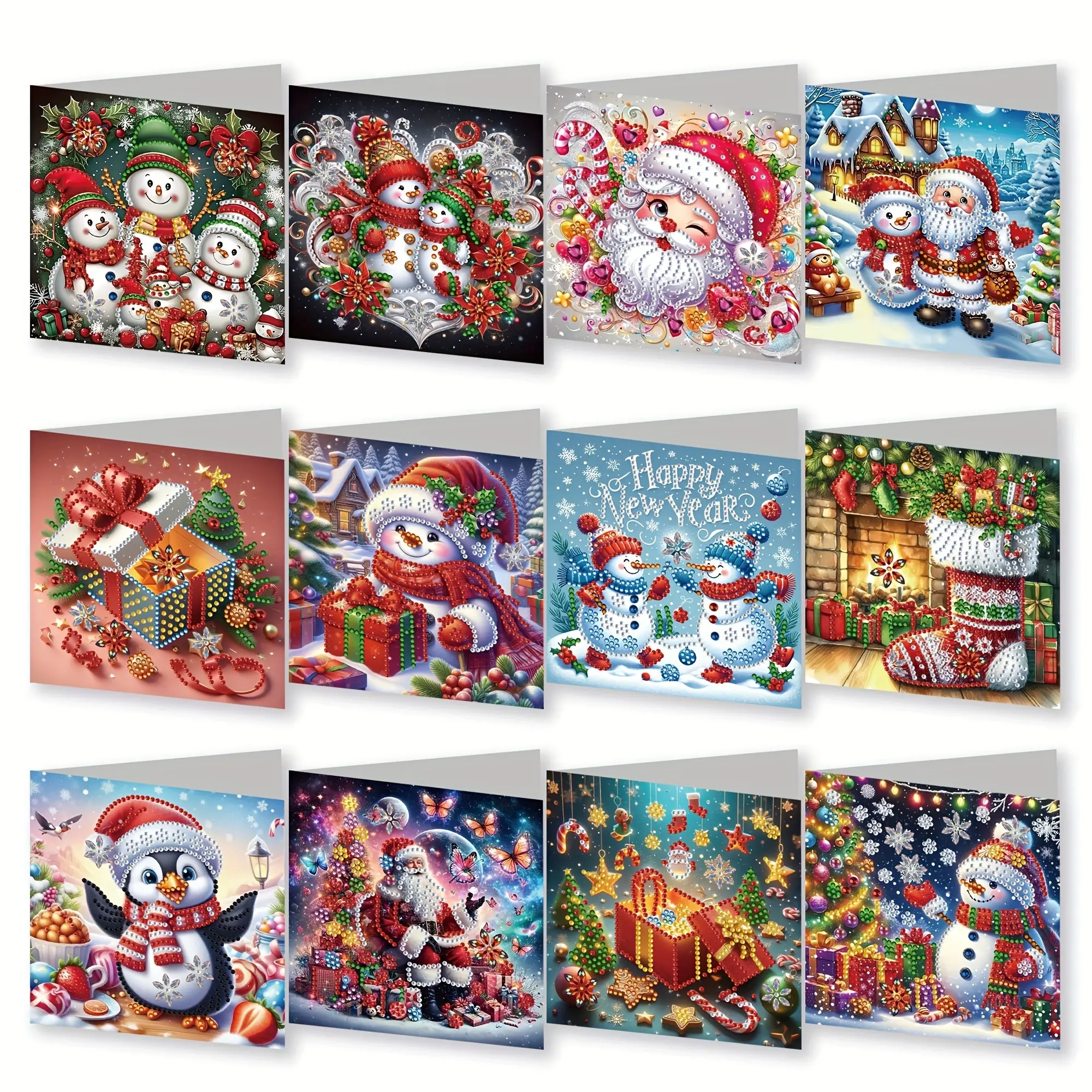 12 Pack Christmas 5D Special Shape Diamond Painting Cards, DIY Crystal Gem Art Foldable Greeting Cards, Snowman Santa Penguin Xmas Blank Note Cards for Holiday Wishes, Christmas Gift & Family Craft Activity
