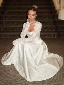 Elegant Lace Patchwork 3D Embossed Floral Square Neck Long Sleeve A-Line Dress, White Reception Dress, White Contrast Lace Dress, Rehearsal Dinner Dress, Tulle Bloom, Sweet Style Elegant White Dress Vintage Wedding Dress White Church Dress White Dinner Dr