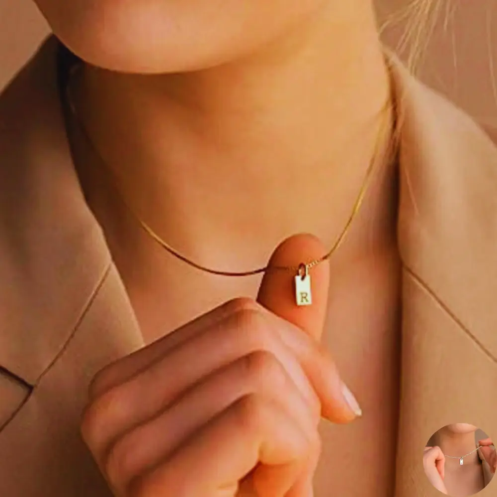 Gold Plated Rectangle Necklace Engraved Letters For Women, Elegant Fashion Jewelry