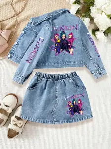 Girls' Denim Jacket & Short Skirt Set, Bratz Skirt Outfit, Cartoon Print, Non-Elastic Fabric, Fitted Style, Suitable for Ages 3+, Spring/fall/autumn