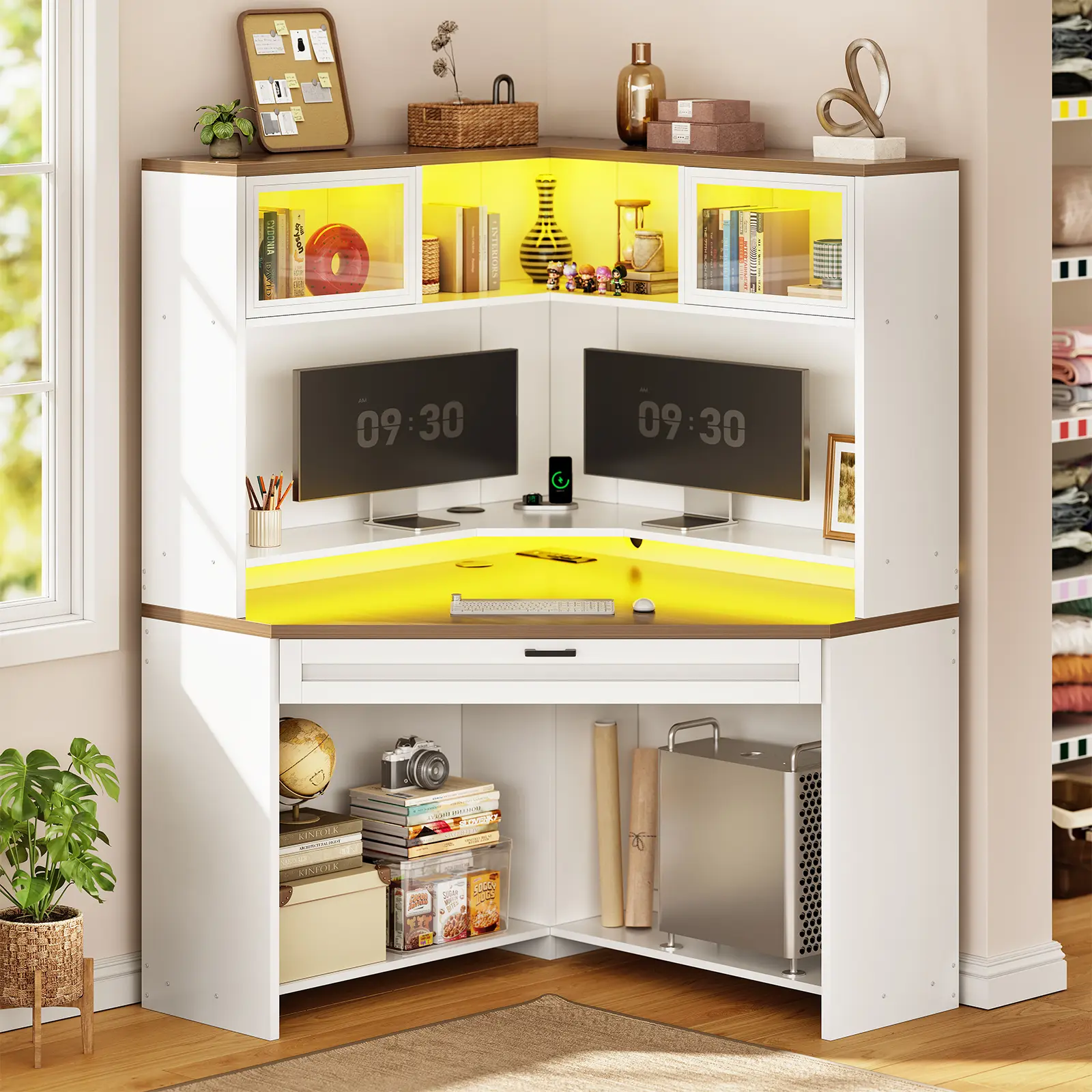 SEDETA 31.5" Corner Desk with Drawers, Small Office Computer Desk with Storage Shelves & Hutch for Small Space, Gaming Desk with LED Lights & Power Strip for Home Office