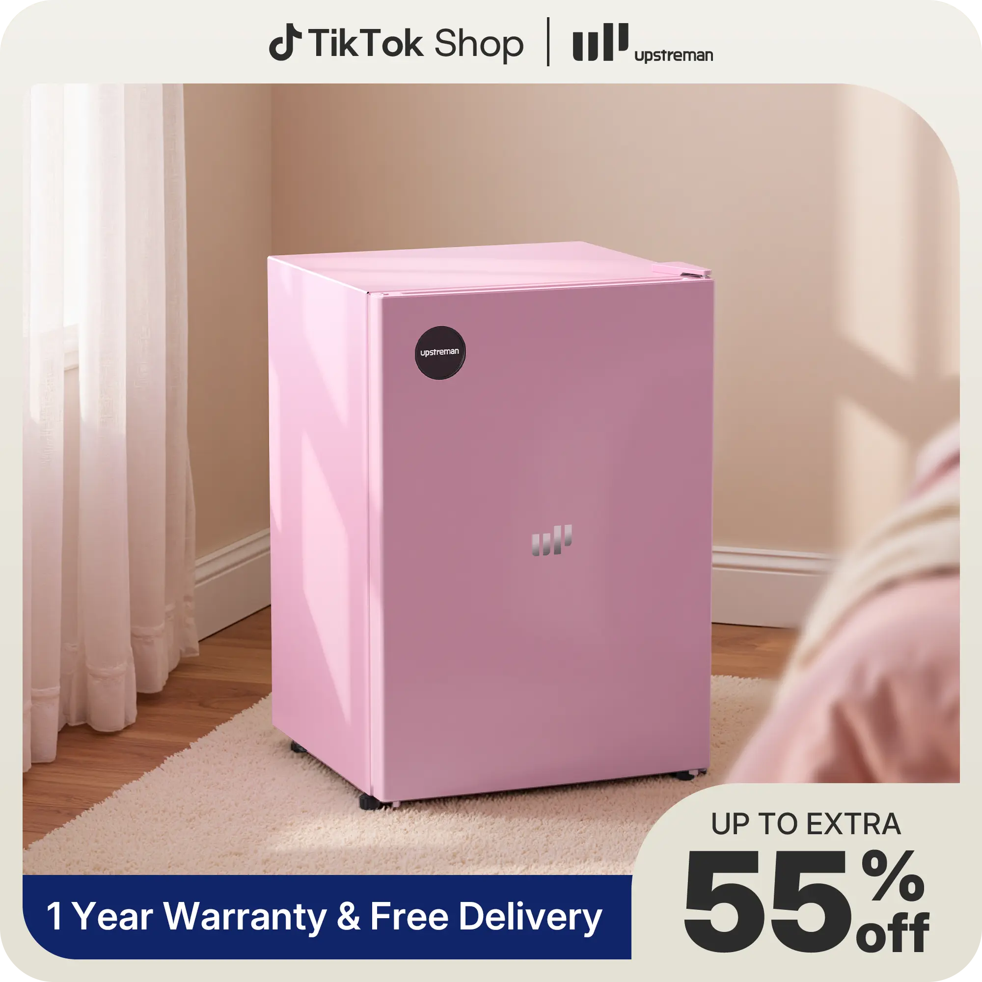 Upstreman 2.5 Cu.Ft Sleek Stainless Steel Upright Countertop Mini Fridge - Energy Star Certified, High-Efficiency, Multi-Temperature Adjustable Thermostat, Reversible Door Fit, Auto Light, Pink Beverage Cooler with Freezer for Bedroom Small Spaces, Dorm