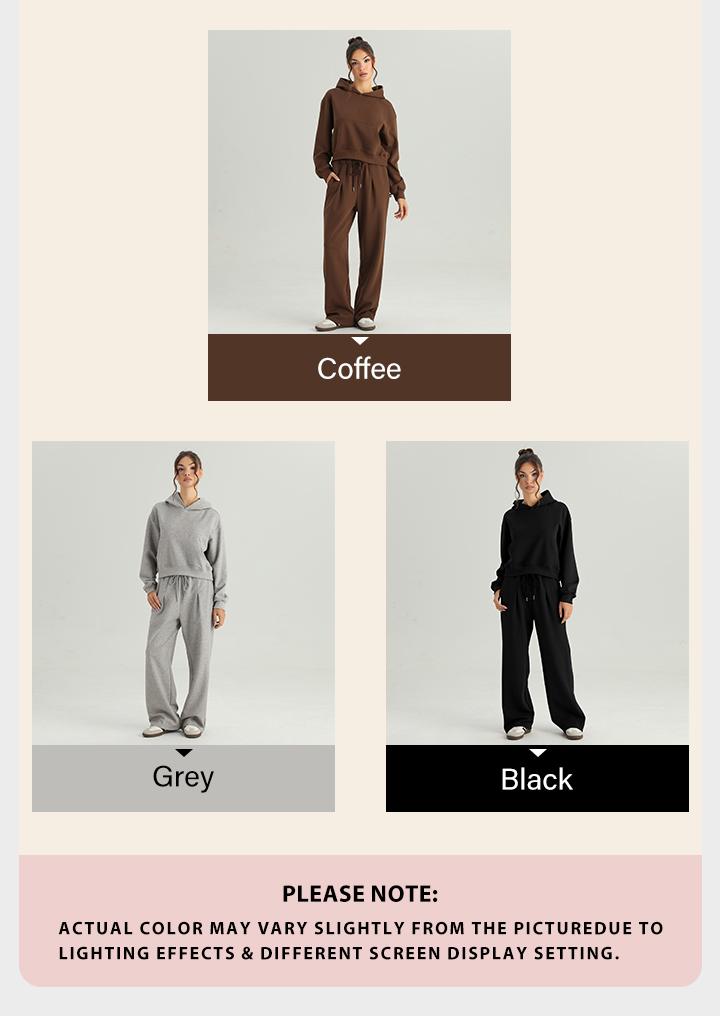 KatchMe Women's Chic Hooded Long Sleeve Cropped Hoodie & Contrast Waist Wide Leg Trousers Co-ord, Versatile Lightweight Two Piece Outfits, Solid Color Going Out Set(2)