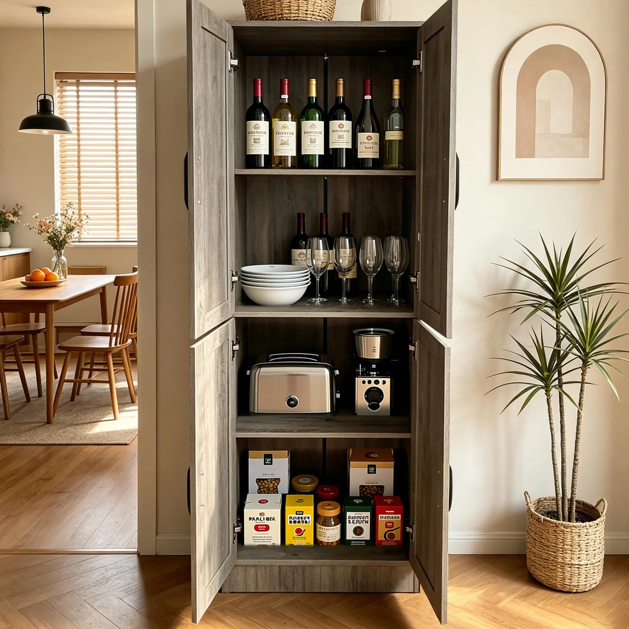 Sturdy Modern Freestanding Wood Food Storage Cabinet - White Kitchen Cupboard with 2 Adjustable Shelves, Barn Doors, Assembly Required, Organizer Storage Furniture for Dining Room, Living Room
