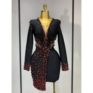 Luxury Birthday Women Celebrity Sexy Long Sleeve V Neck Rhinestone Black Bandage Dress 2025 Elegant Evening Club Party Dresses vibrant day