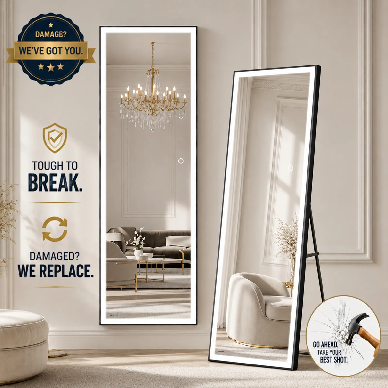 Spaco 56"x18" Rectangular High-Definition Metallic Floor Mirror - Black Rustic Heavy-Duty Metal Frame, Dimmable LED Glass, 3 Color Modes, Multiple Install Options (Wall Mount/Standing/Lean-On) for Bedroom Vanity, Decor, Room Decor