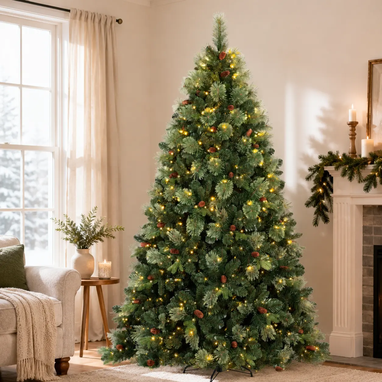 Pre-Lit Artificial Christmas Tree with Pine Cones, PE & PVC Blossom-Tipped Pine Needles, Warm White LED Hinged Xmas Tree for Home Holiday Decoration, 5FT/6FT/7.5FT/8FT