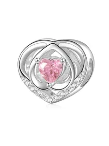 Cute Heart Charm Pendant, Copper Plated Silver Color, Zircon Embedded, Hollow Design, Perfect Valentine's Gift for Girlfriend