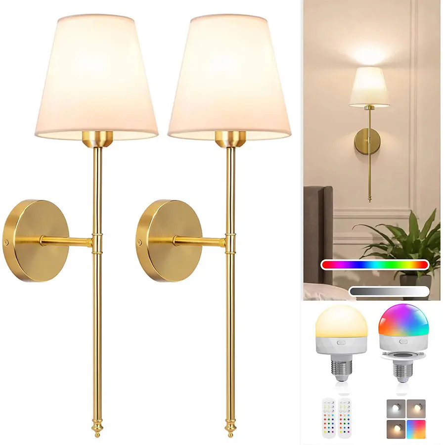 2 pcs modern fabric wall lights with rechargeable RGB rechargeable bulbs, Dimmable Lighting, wireless installation, bulb battery charging, bathroom vanity wall lights, bedroom living room kitchen wall lights