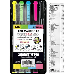 G.T. Luscombe Company, Inc. Zebrite Bible Marking Kit | No Bleed Pigmented Ink | No Fading or Smearing | Double Ended Highlighters, Note Pen & Books of the Bible Ruler/Bookmark (Set of 5 + Ruler)