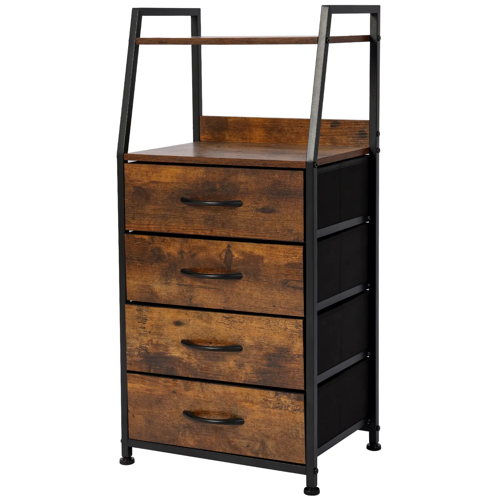 Rustic Brown Skinny Nightstand with 4 Drawers, 2-Tier Display Shelf, Collapsible Fabric Bins, Wooden Top & Sturdy Steel Frame – Storage Organization Furniture for Bedroom, Playroom, Quick Setup, Collapsible Storage Bins