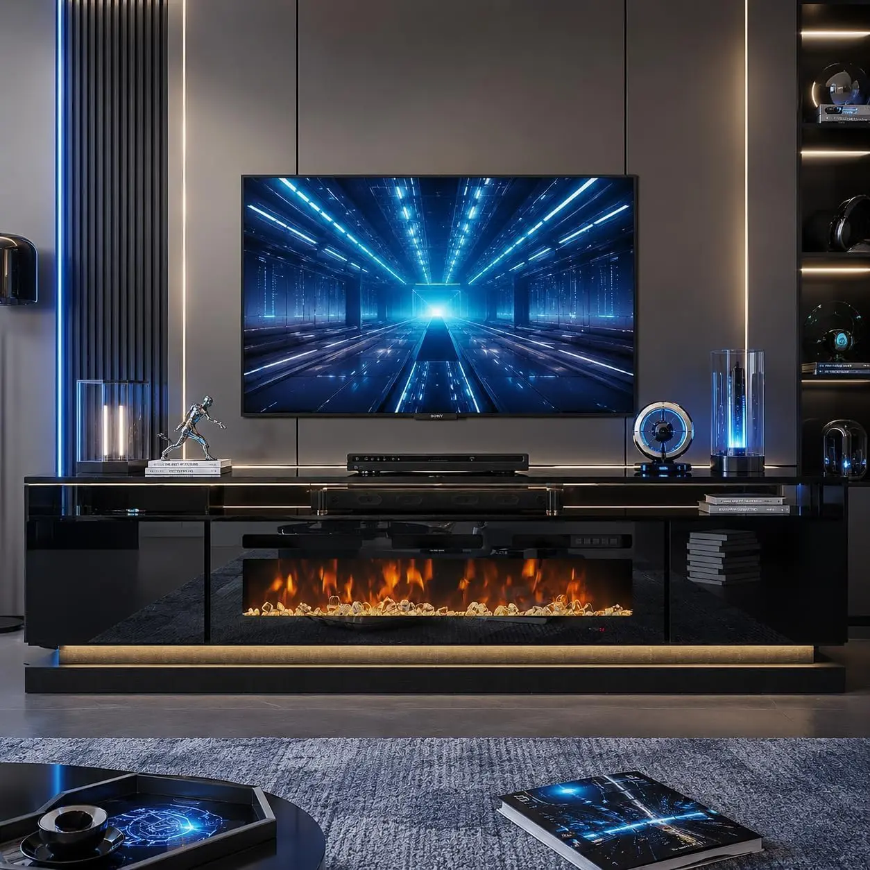 AOXUN 90" Modern Fireplace TV Stand for TVs up to 100", White Entertainment Center with Black Electric Fireplace with Remote&WiFi Control,Storage Cabinets&Adjustable LED Light