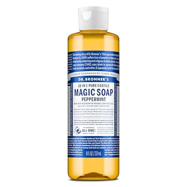 Dr. Bronner's Pure-Castile Magic Soap (Peppermint, 8 Ounce)- Made with Organic Oils, 18-in1 Uses: Face, Hair, Hand & Body Soap, Laundry, Pets- Concentrated, Vegan, Non-GMO