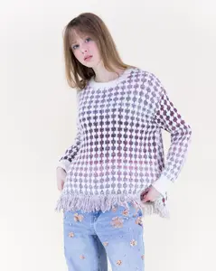 Ombre Grid Stitch Fringe Hem Pullover Sweater