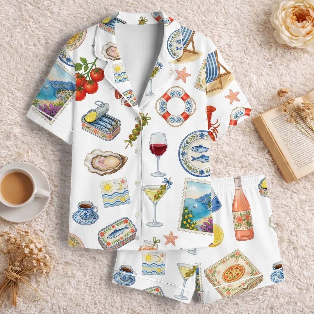 Sardines Pajama Set, Sardines Can PJS, Girly Summer Sleepwear Set,Italy Travel Pajama Set, Lemon Vacation Sleepwear,Sardine Satin Pajama Set