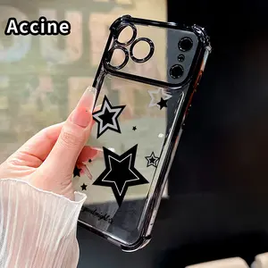 Black Star Pattern Four Corner Anti-Fall Phone Case Transparent Electroplated Protective Cover for iPhone 17 16 Pro Max 15 Plus 14 13 12 11 E Air