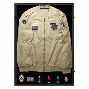Military Uniform Display Case Police Uniform Cabinet Wall Mounted Lockable UV Resistant Acrylic Door for Showcasing Uniforms Jackets Sports Coats Insignias Black Gift Wooden Photo