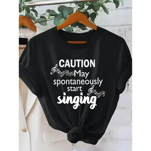 Women's Fun and Quirky "CAUTION May Start Singing" Print Short Sleeve 1pc Energetic T-Shirt, Eye-Catching Festival Streetwear for Women, 2026 Spring/Summer Fashion Round Neck T-Shirt, Simple Casual Loose Fit Top