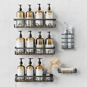 PKBD Shower Caddy 5 Pack Stainless Steel Anti-Rust Adhesive Organizer with Soap & Toothbrush Holders No Drilling for Bathroom Kitchen Home Black