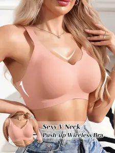 3 Pack Wave Edge V Neck Push Up Wireless jelly Bras, Adjustable Strap Backless Design, Comfortable, Seamless and Smooth, Max Support for All Seasons Womenswear Underwear