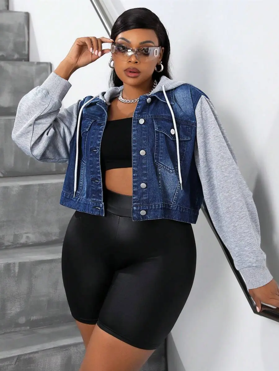 Plus Size Patchwork Fabric Button-Up Drawstring Hooded Casual Denim Jacket